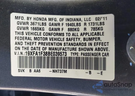 2011 Honda Civic Vp z USA, uszkodzony, nr VIN 19XFA1F38BE039573
